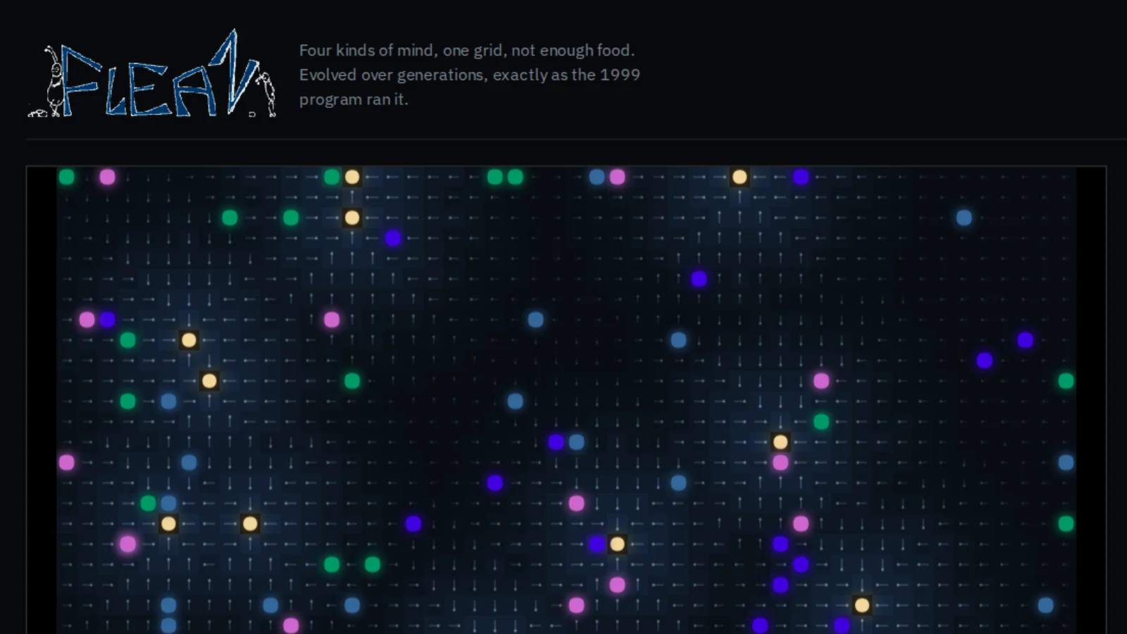 A dark grid of glowing coloured dots over a blue distance field, under the hand-drawn Fleaz logo