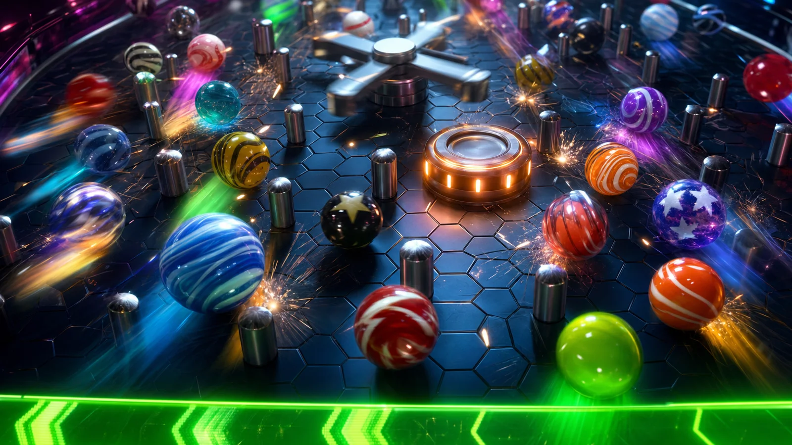 Glossy striped and starred marbles throwing sparks as they race past steel pegs, a spinner and a glowing bumper toward a neon green finish line