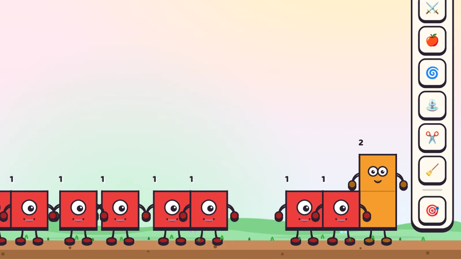 A row of smiling red number-one characters in a meadow, with one orange Two among them
