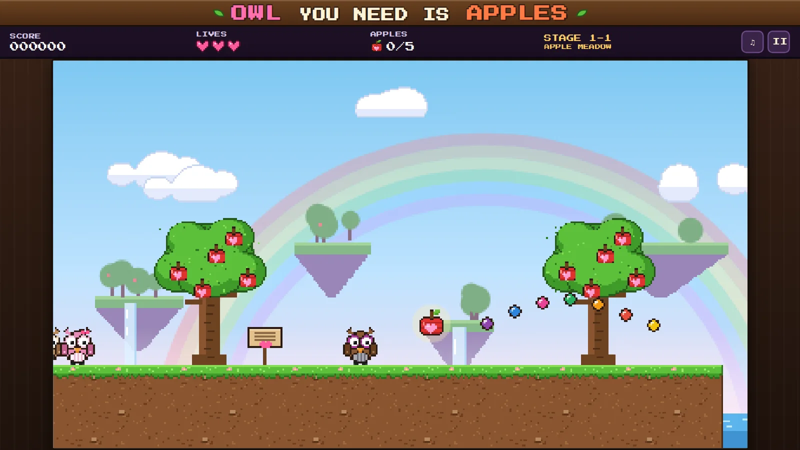 Pixel-art meadow with an owl, apple trees and a rainbow arching over floating platforms