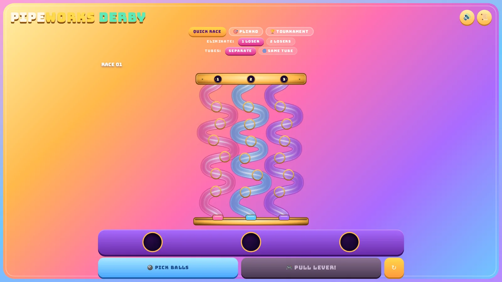 Three curling pipes on a bright pink and orange background, with a lever and three balls waiting at the bottom